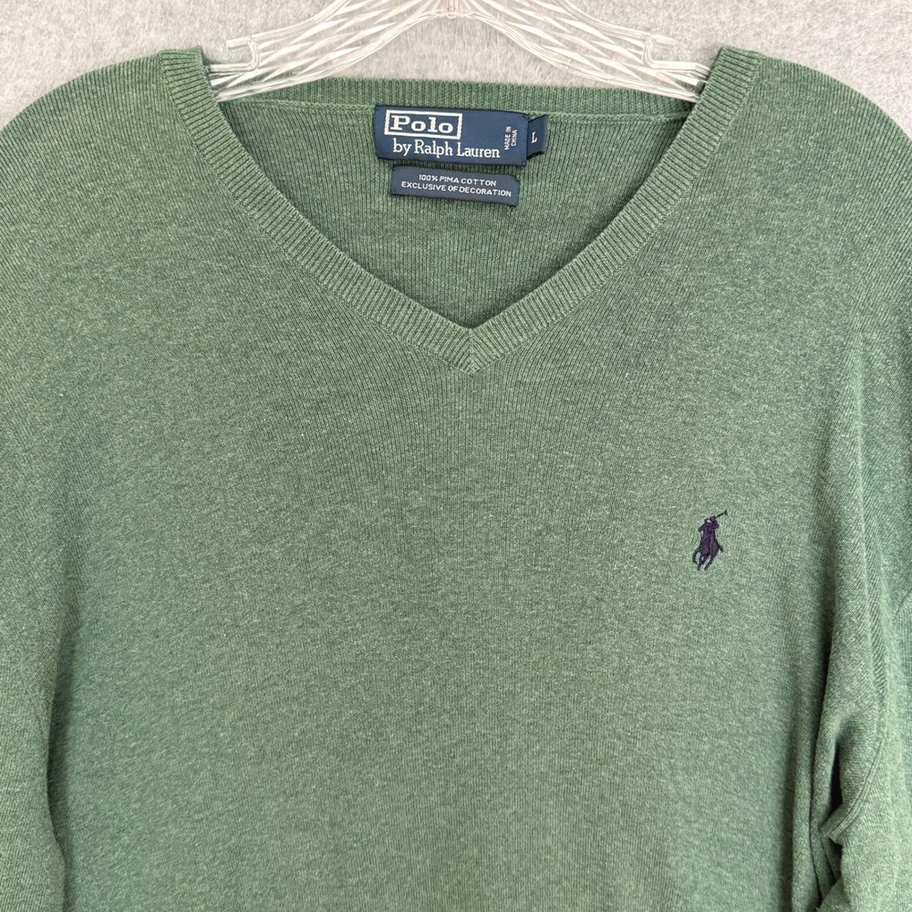 Polo Ralph Lauren Sweater Mens Large Green V-Neck 100% Pima Cotton Logo Pullover - Picture 3 of 8